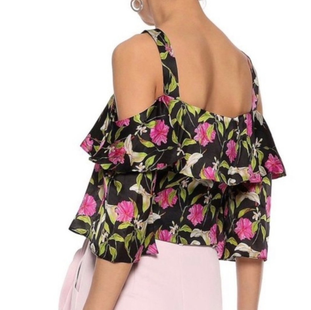 Milly Black Silk Cold-Shoulder Floral Crop Top with Pink & Green Print